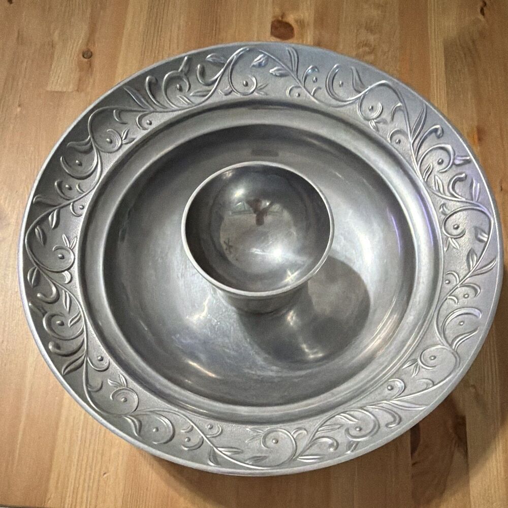 Lenox Metal Serveware Chip and Dip Bowl Set 2-Piece Silver Aluminum Scroll Rim
